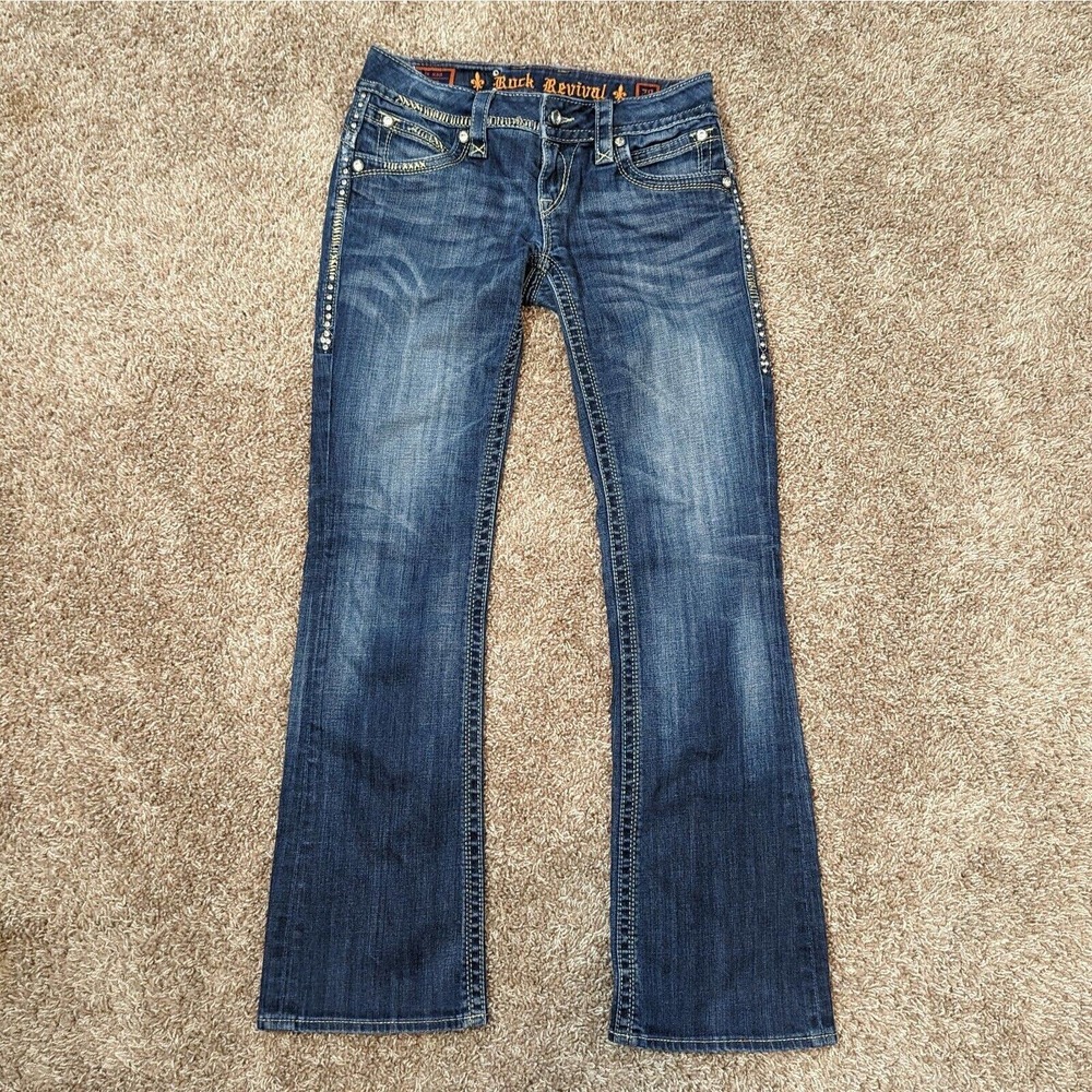 Rock Revival Jeans Womens 28 (29x34) Gwen Boot Thick Stitch Studded Flap Pockets